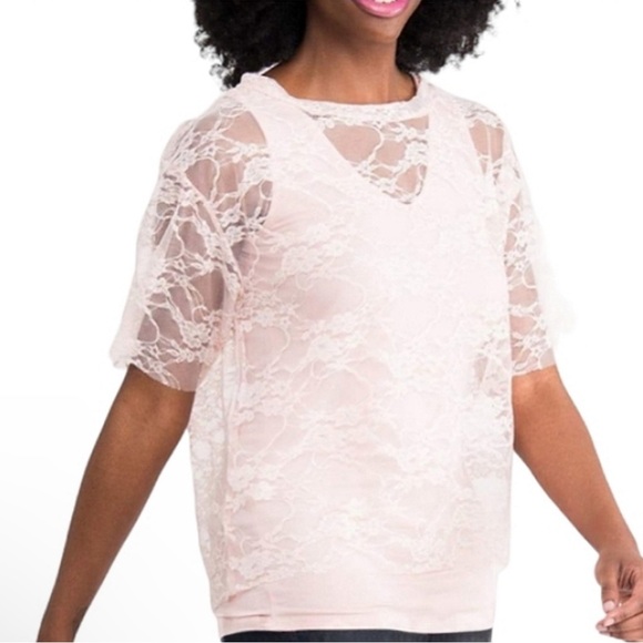 NEW Agnes & Dora Light Pink Rosey Light Lace Mesh Stretch Comfy T-Shirt XL 16 18 - Picture 2 of 6